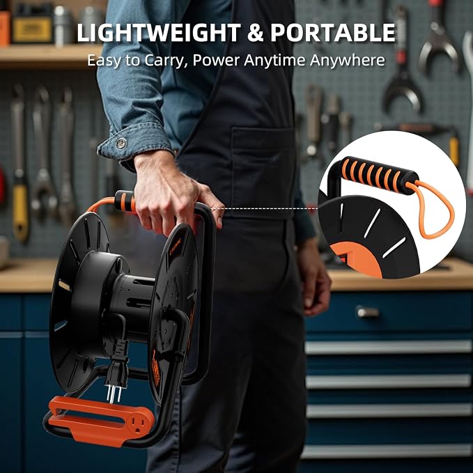 Extension Cord Storage Reel with 4-Grounded Outlets & 2 USB Ports, Heavy Duty Open Cord Reel for 12/3,14/3,16/3 Gauge Power Cord, Hand Wind Retractable, 15A Circuit Breaker, ETL Listed, Orange