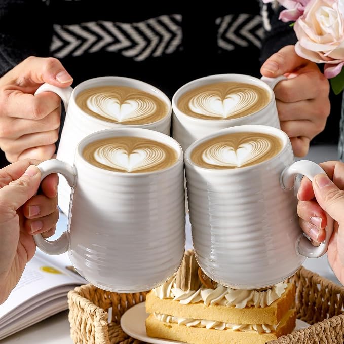 HASENSE Coffee Mugs, 15oz Ceramic Coffee Cups Set of 4, Clay-Infused White | Large Tea Cup with Comfortable Handle for Milk Cocoa Cappuccino, Prefect for Women Men Gift Dishwasher Microwave Safe