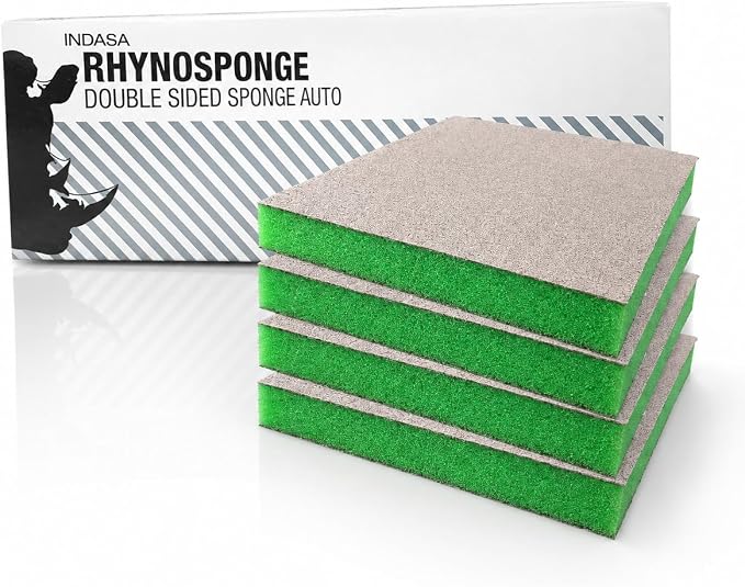 Indasa Rhyno Double Sided Sanding Sponge Pads – Aluminum Oxide, 4.75" x 3.75" x 1/2" – Flexible Foam Sanding Block (100 Pack) (Green (400–600 Grit))