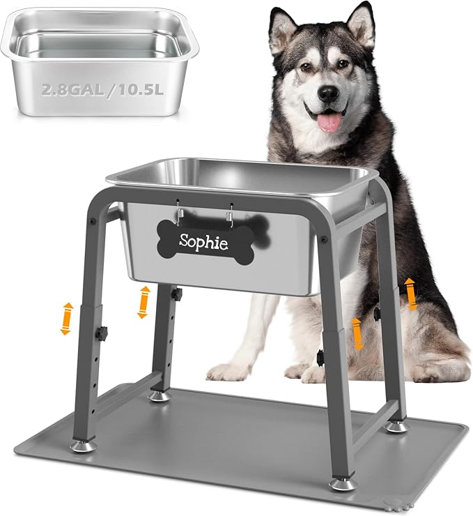 2.8 Gallon Elevated Large Dog Water Bowl with Mat, 4 Height Adjustable 10.4-15.2", Raised Dog Water Bowl Stand for Large Breed
