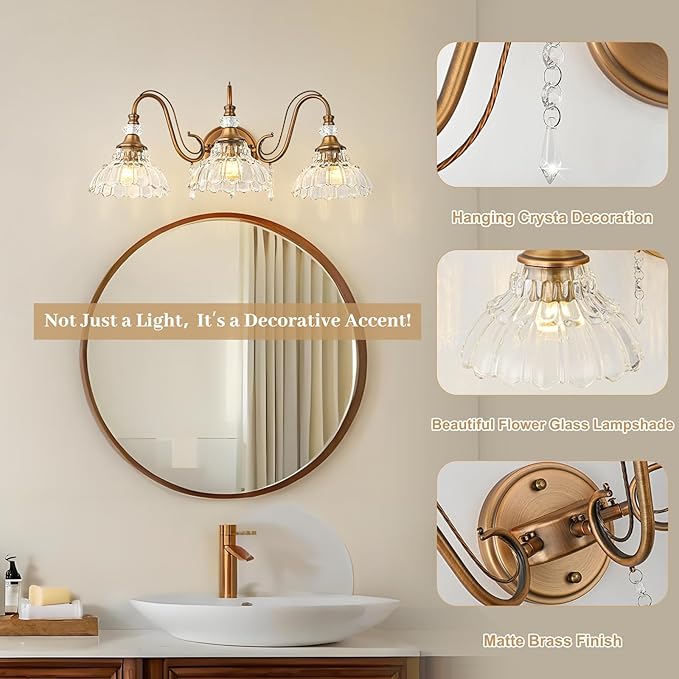 Vintage Bathroom Vanity Light, 3-Light Matte Antique Brass Finish Wall Sconce with Hanging Crystal Accents and Flower-Shaped Clear Glass Shades, Retro Wall Mount Vanity Light Over Mirror for Bathroom