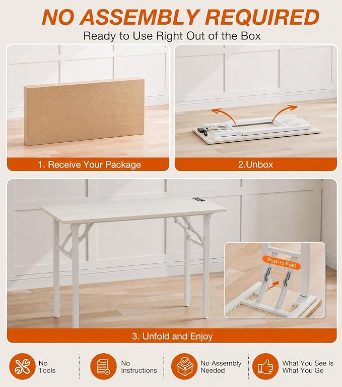 XBurmo Small Folding Desk Folding Table, No Assembly Foldable Desk Gaming Desk, 43.3-Inch Computer Table Workstation with 2 AC Outlets and 2 USB Ports for Bedroom and Home Office, White Ash