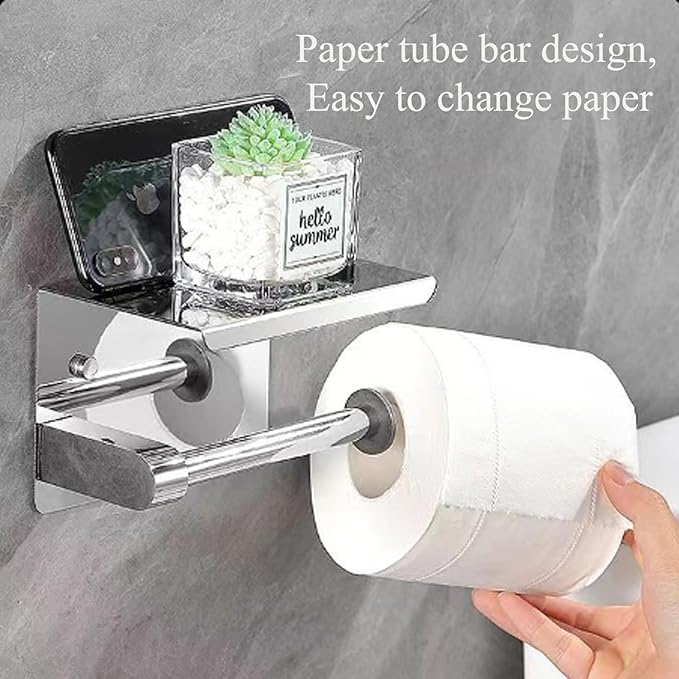 Toilet Paper Holder with Phone Shelf Stainless Steel Bathroom Tissue Roll Holder Wall Mounted Toilet Paper Roll Storage Polished Chrome Finished
