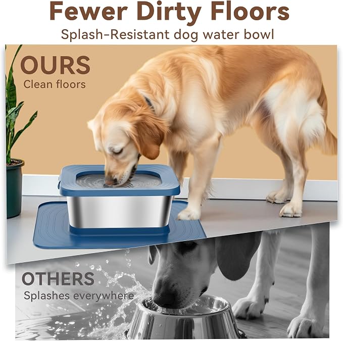10L No Spill Dog Water Bowl Stainless Steel for Messy Drinkers | Large Capacity Slobber Stopper, Slow Drinking Anti Splash Design, XXL Silicone Mat, For Large Dogs & Multi-pet Homes, Blue