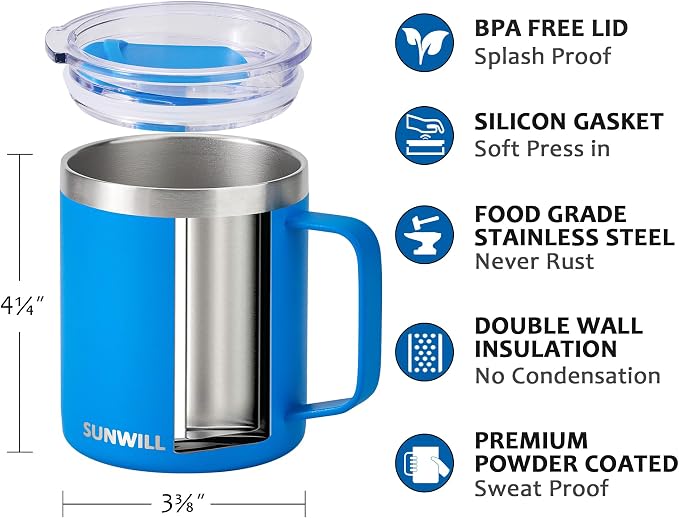 SUNWILL Insulated Coffee Mug, Stainless Steel 14 oz, Splash-Proof Lid | Keeps Drinks Hot & Cold, Powder-Coated Royal Blue Finish, Dishwasher Safe, Ideal for Home & Office