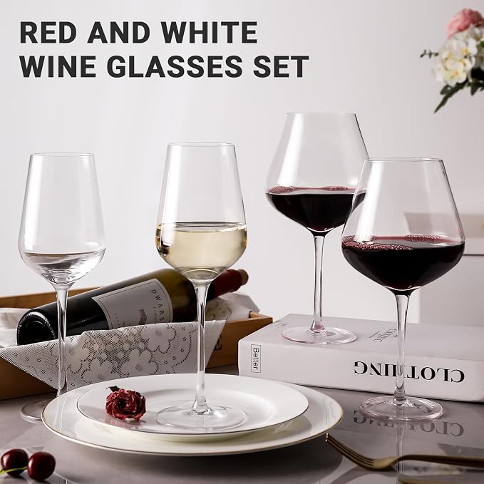 Physkoa Wine Glass Set of 4 – 2 Red (22oz) & 2 White (14oz) Hand-Blown Crystal Glasses, Perfect Gifts for Birthday, Wedding & Housewarming Mother's Day