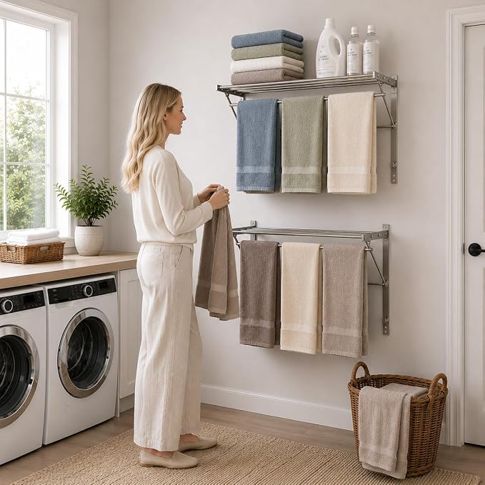 Smartsome | Wall Mounted | Clothes Drying Rack| 22" Wide |15 Linear Feet Capacity | 8 Smooth Round Stainless Steel Rods | 60 lb Capacity | Fully Assembled | Compact Sturdy Space-Saving Design