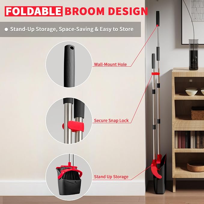 Broom with Dustpan Combo Set, Dust Pans with Long Handle for Upright Sweeping, Standing Broom and Dustpan Set with Self-Cleaning Teeth for Home, Kitchen & Office Floors(Red & Black)