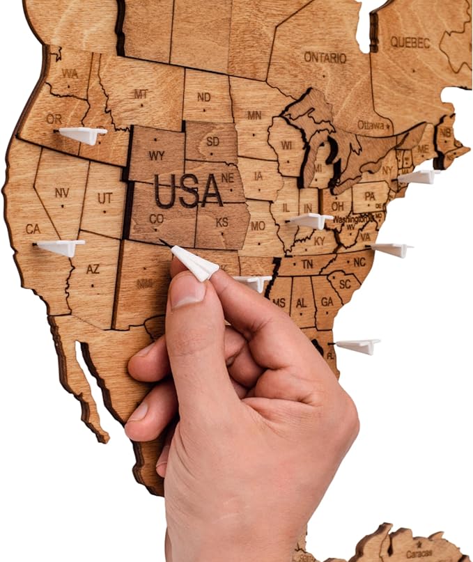 Enjoy The Wood 3D Wooden World Map Wall Art - Large Travel Map with Pins for Art Decor - Decorative Map of the World for Home, Office - Travel Wall Art Housewarming Gift Idea (Planes, Pins)