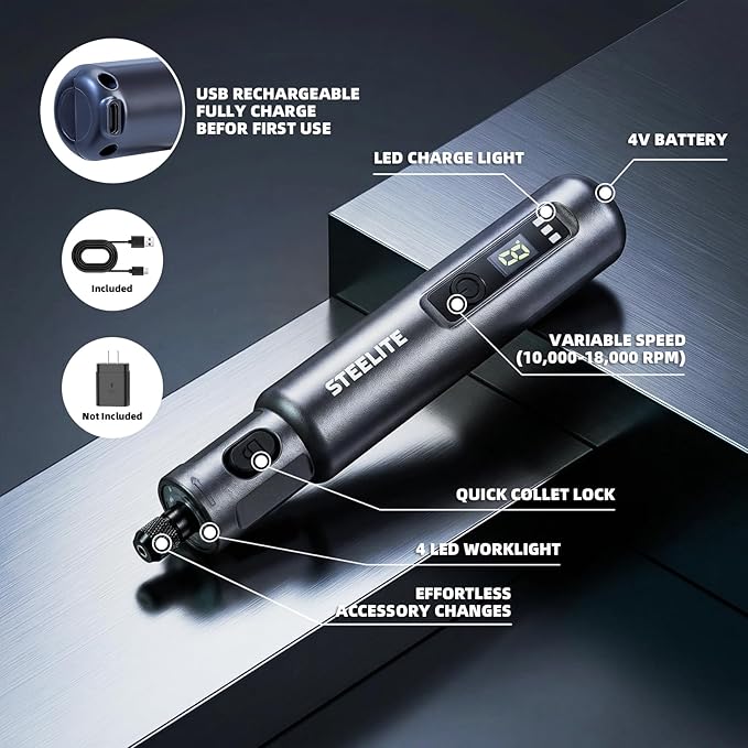 STEELITE Mini Cordless Rotary Tool, 6-Speed Rotary Tool Kit with 50 Accessories, Multi-Purpose and USB Charging 3.7V Power Rotary Tool for Engraving, Sanding, Polishing, Drilling, Etching, DIY Crafts