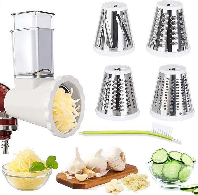 Upgraded Version - Cheese Grater Slicer Shredder Attachments for All KitchenAid Stand Mixers, Food Slicers Salad Maker Accessory Vegetable Chopper with 4 Blades Dishwasher Safe