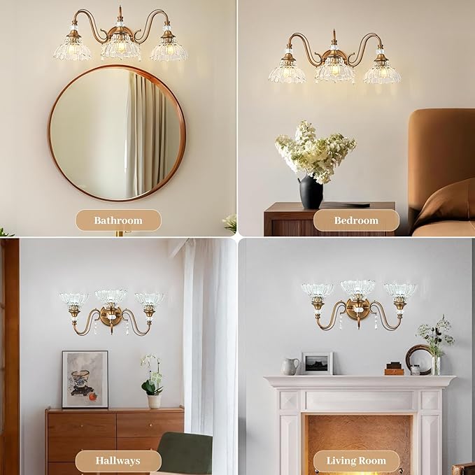 Vintage Bathroom Vanity Light, 3-Light Matte Antique Brass Finish Wall Sconce with Hanging Crystal Accents and Flower-Shaped Clear Glass Shades, Retro Wall Mount Vanity Light Over Mirror for Bathroom