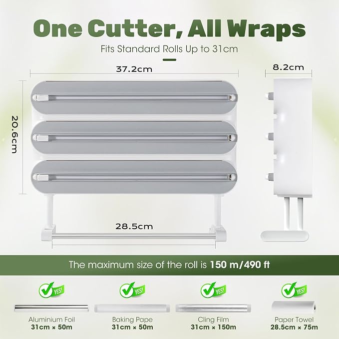 Aluminum Foil & Plastic Wrap Dispenser with Cutter - Magnetic & No-Drill Wall Mount, Cling Film Dispenser with Paper Towel Holder, Space-Saving 4-in-1 Kitchen Organizer - Fits 12" Roll, White