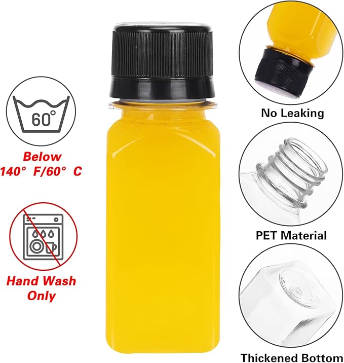 TOMNK 100pcs 2oz Plastic Shot Juice Bottles with Caps, Reusable Clear Bulk Beverage Containers for Ginger Shot, Juice, Milk and Other Beverages