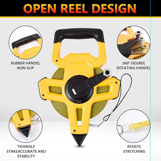 328ft/100m Open Reel Long Tape Measure, 1/2" Nylon-Coated Steel Blade, Dual Inch/Metric Scales, ABS Impact-Resistant Case for Construction, Surveying Yellow