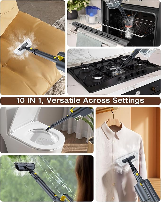 10-in-1 Steam Mop with Detachable Handheld Steamer,350ml Tank, 10s Heat-Up, 248°F Steam Cleaner, 2-Level Control and Swivel Head for Floor,Carpet,Tiles, BBQ grill,Car Accessories Dark Grey