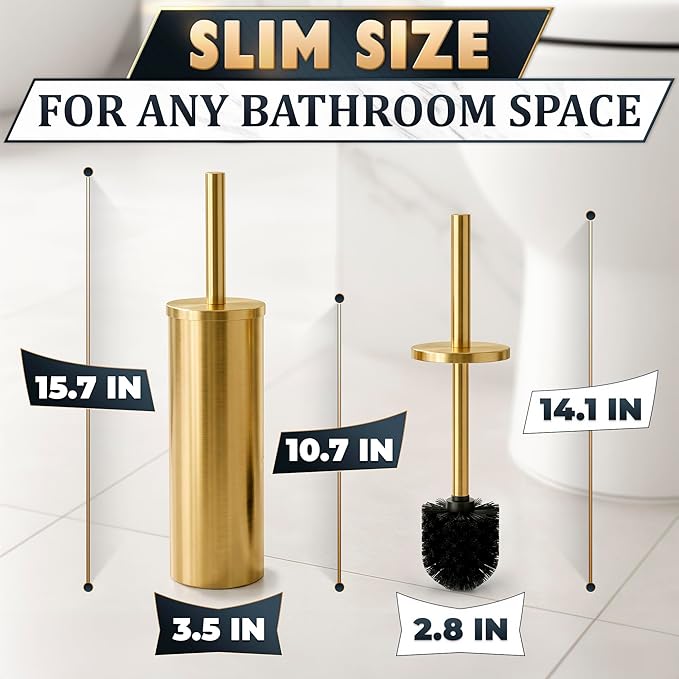 2 PCS Gold Toilet Brush and Holder Set - Brushed Stainless Steel Gold Toilet Bowl Brush and Holder with Replacable Head, Removable Inner Bowl, and Splash Protection - Dense Bristles for Cleaning