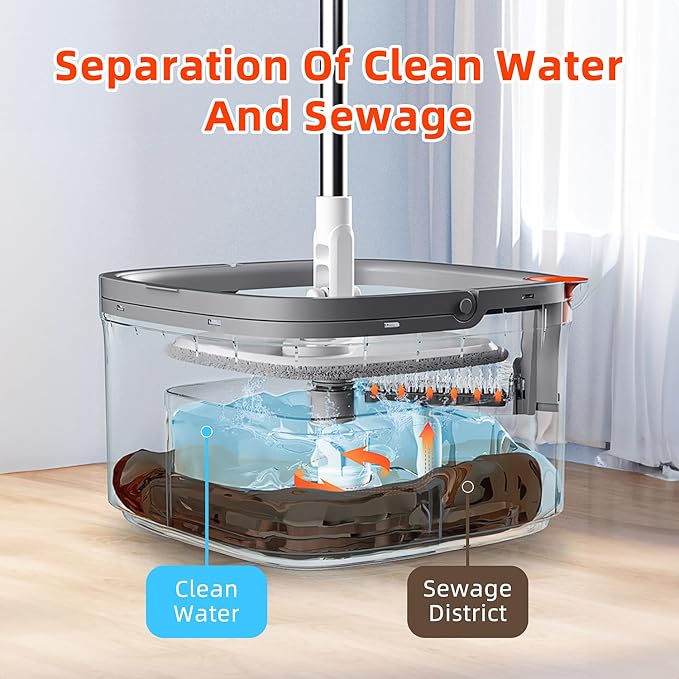 Spin Square mop and Bucket System with Wringer Set for Home with 2 Mop Pads (Grey,White)