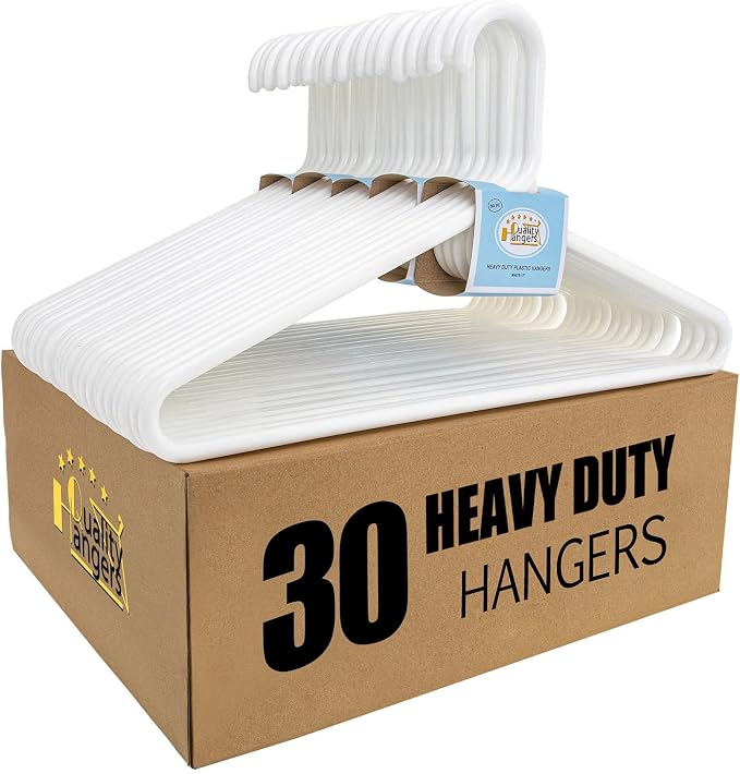 Quality White Plastic Hangers 30 Pack - Super Thick Heavy Duty Multipack for Clothes - Strong Standard Closet Clothing Hangers with Hook for Scarves and Belts-17 for Coats (White, 30)