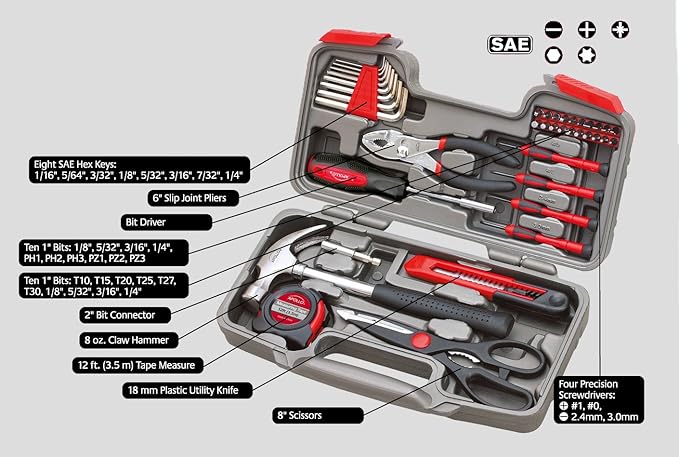 Apollo Tools Original 39 Piece General Household Tool Set in Toolbox Storage Case with Essential Hand Tools for Everyday Home Repairs, DIY and Crafts Red/Black - DT9706