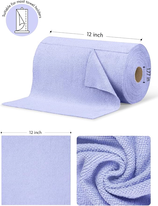 Fantasticlean Microfiber Cleaning Cloth Roll -75 Pack, Tear Away Microfiber Towels, 12" x 12", Reusable, Washable, Scratch Free, Ultra Absorbent Dishcloth for All-Around Cleaning Supplies (Lavender)