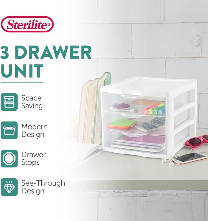 Sterilite 4-Pack 3 Drawer Unit, Stackable Plastic Organizer with Drawers, White Frame - Multi-Purpose Countertop Storage Containers for Office Supplies, Craft Rooms, Classrooms and Home Organization