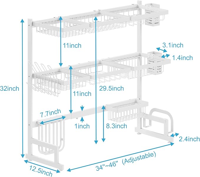 PUSDON Over Sink Dish Drying Rack Stainless Steel, Adjustable Large Dish Drainer for Storage Kitchen Organization White 3 Tier - Standard(34"-46")