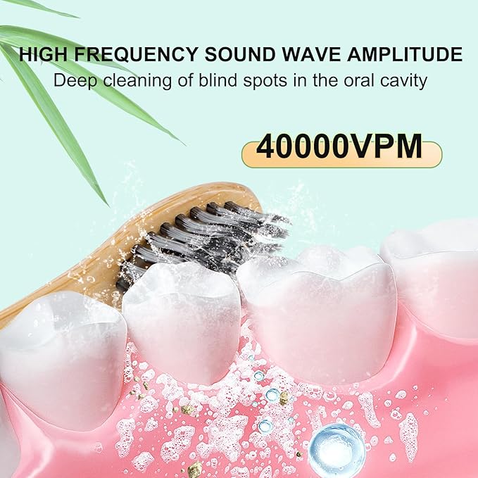 Sonic Bamboo Electric Toothbrush for Adults - Rechargeable Electric Toothbrush -4 Pack Bamboo Repalcement Brush Heads| 5 Cleaning Modes Long-Lasting Battery