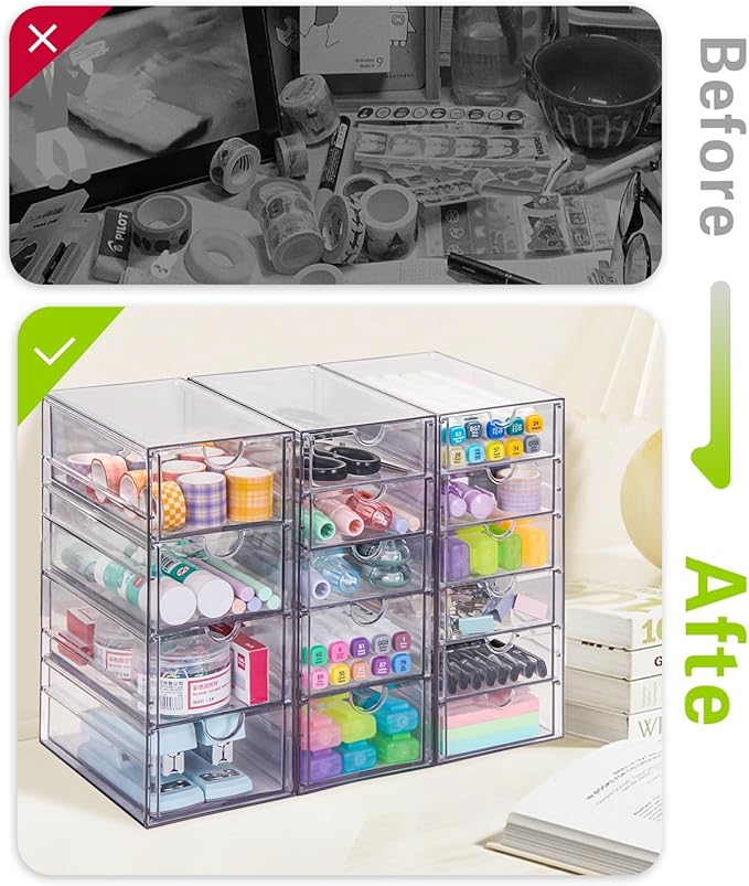 VZKAH Clear Acrylic Organizer with Drawers | 15-Drawer Desktop Unit | Makeup & Desk Organization and Storage Box for Office, Craft, Vanity Table, Bathroom, Home Essentials