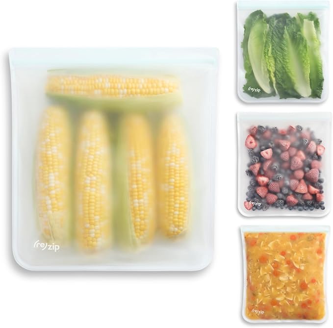 (re) zip Gallon Reusable Storage Bags, BPA-Free, Leakproof, Food-Grade 100% Food-Safe PEVA, for Food Storage and Freezer Use, Holds 16 cups | 128 fl oz, 4-Pack (Clear)