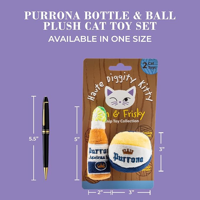 Haute Diggity Kitty Purrrona Beer Bottle & Ball Set, Plush Cat Toys Catnip Filled with Interactive Crackle Sound, Safe & Durable Toys for Cat & Kitten, 2 Pcs
