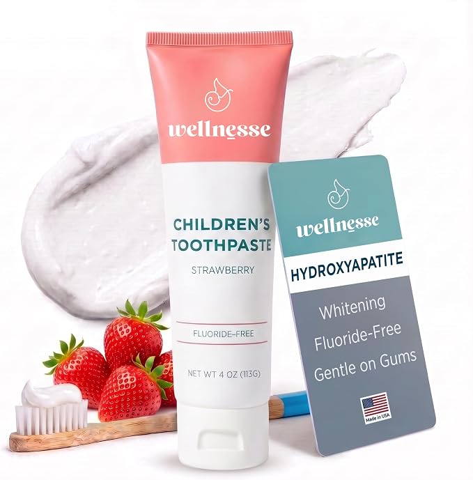 Hydroxyapatite Toothpaste, Whitening, Fluoride Free, Strawberry, 4 Oz | Wellnesse Kids, Toddlers or Children, SLS Free, Xylitol Formula, Gentle Enamel Care, Fresh Breath and Daily Brushing Habits