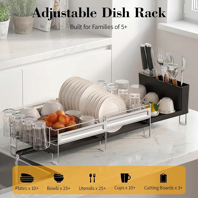 Delamu Large Dish Drying Rack, Stainless Steel Dish Racks for Kitchen Counter, Multifunctional Dish Drainer with Cutlery & Cup Holders, Extendable from 13.4 to 28.7 in, Black