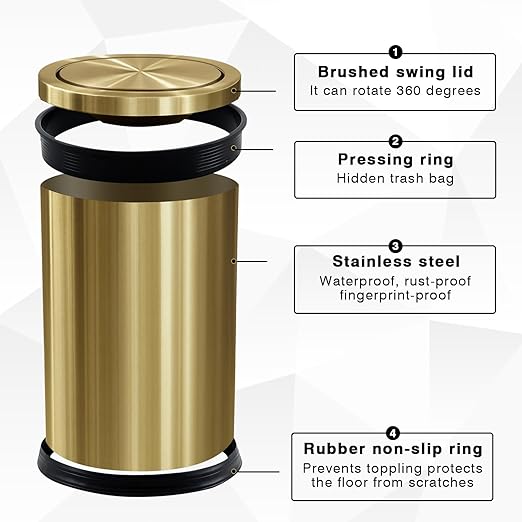 Maxdot 2 Pcs 2.4 Gallon/9 L Gold Bathroom Trash Can with Flip Lid and Toilet Brush Set, Small Luxury Stainless Steel Garbage Trash Can Wastebasket Bin for Home Office Hotel Bathroom Bedroom Kitchen