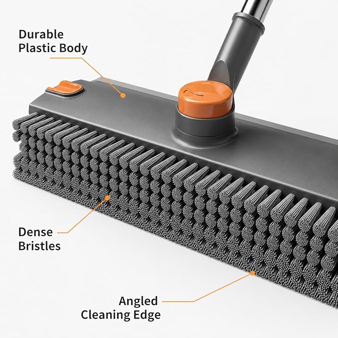 Floor Scrub Brush with Long Handle, V-Shaped Grout Brush and Squeegee for Tile, Bathroom, Shower, Gray (Floor Brush)