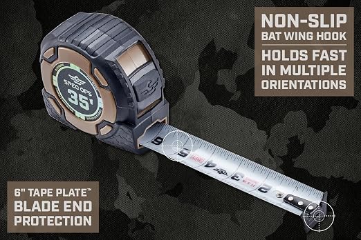 Spec Ops Tools Elite Series Tape Measure for Measuring & Layout, 1 1/4" Double-Sided Blade, Heavy Duty Military-Grade Composite Case, 35 Foot Non-Magnetic