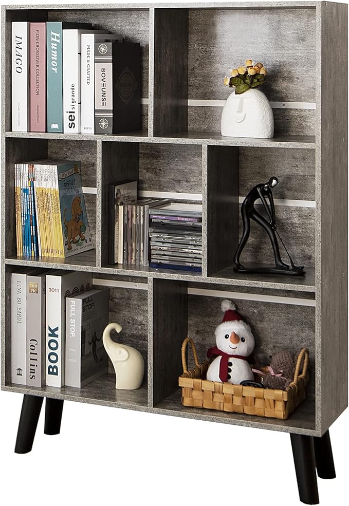 LEYAOYAO Cube Bookshelf, Mid-Century Modern Book Shelf with Legs,Dirty Grey | 3 Tier Bookcase, Rustic Wood Bookshelves Freestanding Small Storage Organizer, Open Shelves for Bedroom, Living Room, Office