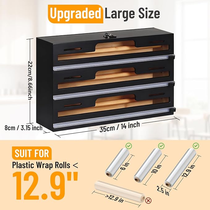 Allinside Magnetic Plastic Wrap Dispenser with Cutter, 3 in 1 Refrigerator Bamboo Wood Organizer for Tin Foil, Baking, Wax Paper Holder Kitchen Storage Box Compatible with 12.9" Roll, Black (3 Layer)