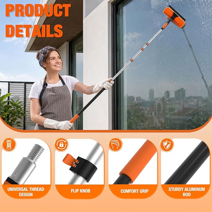 LAANPOLE 20FT Window Squeegee with Extension Pole, 2-in-1 Squeegee for Window Cleaning, Professional Cleaning Kit for Home with 12FT Telescoping Pole for Outdoor Indoor Use