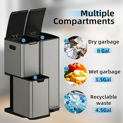 mVm 16 Gal 3 in 1 Kitchen Trash Can, Triple Compartment Garbage Can, Heavy Duty Anti Fingerprint Brushed Recycling Bin for Office Home