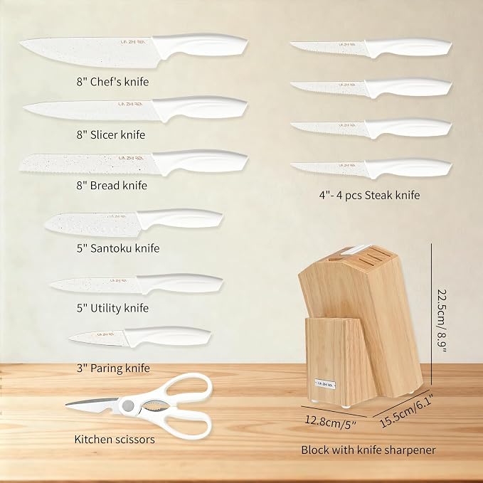 13 Piece Knife Set，Kitchen Knife Block Set，White stainless steel knife set with sharpener for Chopping, Slicing, Dicing & Cutting，Dishwasher safe