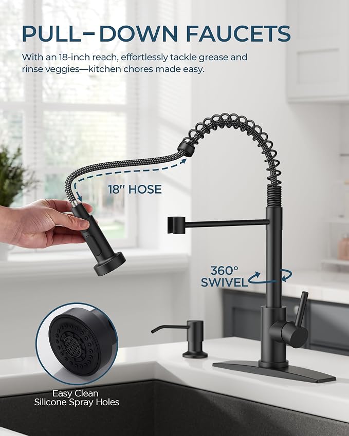 FORIOUS Black Kitchen Faucet with Soap Dispenser, Stainless Steel Kitchen Sink Faucet with Pull Down Sprayer Single Handle Modern Spring Commercial for Laundry Utility Room RV Camp Bar Farmhouse