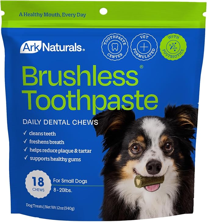 Ark Naturals Brushless Toothpaste Dog Dental Chews - Small Breeds (18 ct) | Vet Formulated Dog Dental Chew with Toothpaste Center - Freshens Breath, Reduces Plaque & Tartar