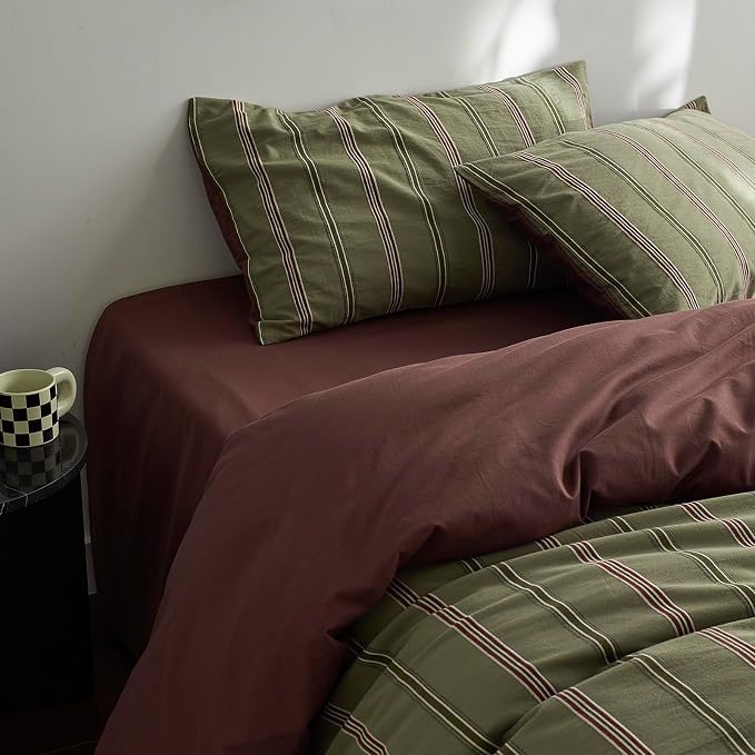 mixinni Vintage Olive Green Striped Duvet Cover Set King, 100% Cotton Yarn-Dyed Jacquard Bedding 3 Pieces, Reversible Design Retro Terracotta Comforter Cover with Zipper & Corner Ties