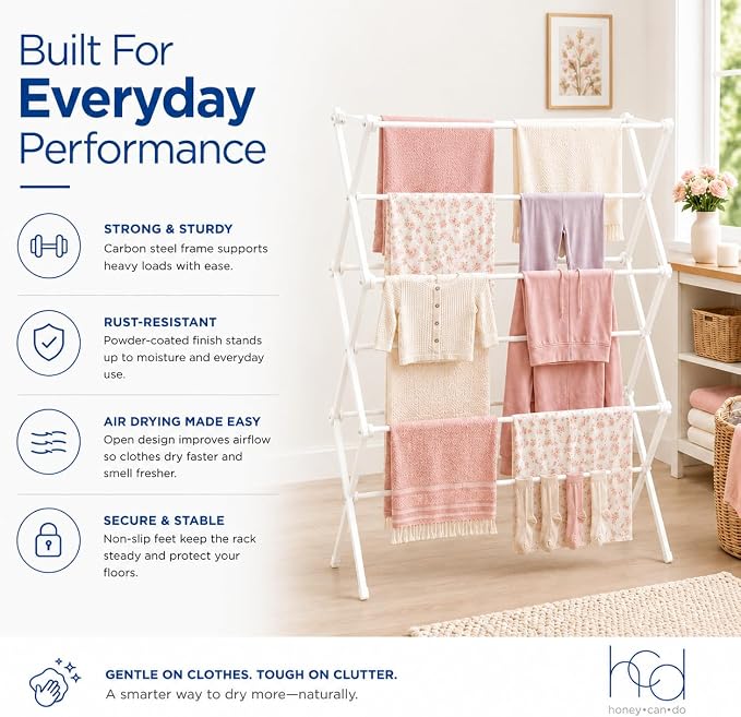 Honey-Can-Do Oversized Clothes Drying Rack, 35" Wide, 50 lb, White | Extra-wide 35" family-size rack holds 50 lb of wet laundry. Rust-resistant steel folds flat; indoor or outdoor use.