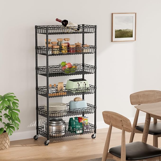 Golpart 6 Shelves Storage Shelf Wire Closet Bathroom Organizers Metal Pantry Kitchen Garage Shelving Unit Laundry Room Organization Home Rack Net Basket Black with Wheels 30" Dx14 Wx65 H