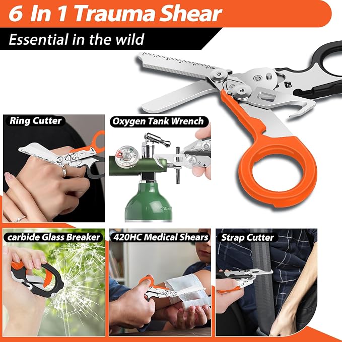 Lenporl 2 Pack Foldable Trauma Shears with Compatible Holster, Emergency Shears with Strap Cutter and Glass Breaker for Outdoor Camping Medical Scissors Tools Black+Orange
