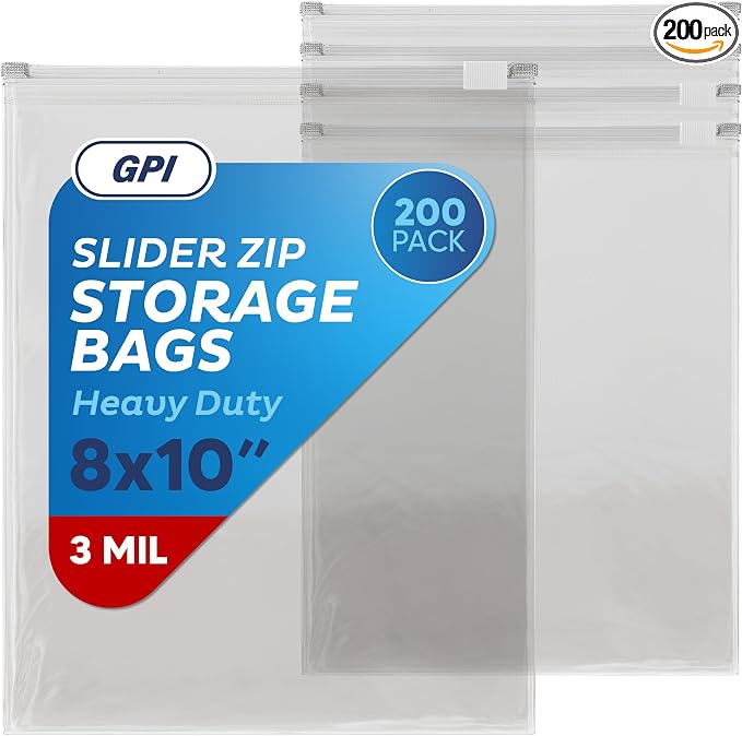 GPI - Slider Zip Food Storage Bags, 8" x 10" 3 Mil Heavy Duty, Strong & Durable For Freezer Storage, 200 Count