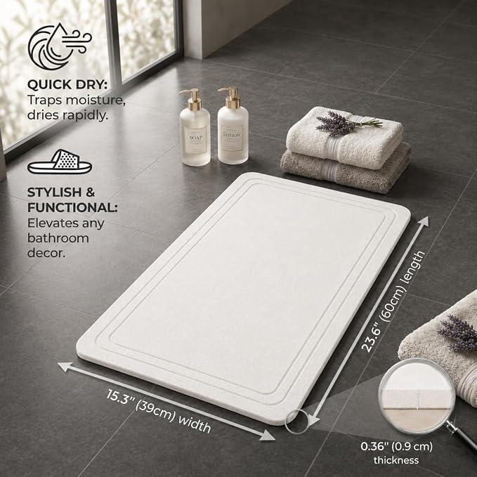 Stone Bath Mat – Diatomaceous Earth Quick Drying Non-Slip Bathroom Mat – Absorbent Diatomite Shower Mat, Durable & Easy to Clean, Modern, 23.6" x 15.3", (White - Linea)