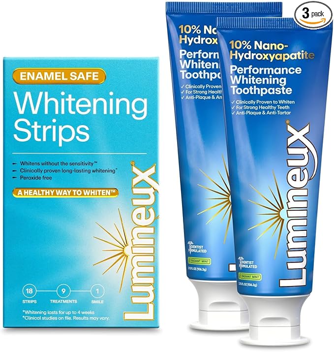 Lumineux Whitening Duo, 2pk 10% nHA Toothpaste 3.75 oz + 9 Whitening Strips | Peroxide-free whitening strips and 10% nano-hydroxyapatite toothpaste